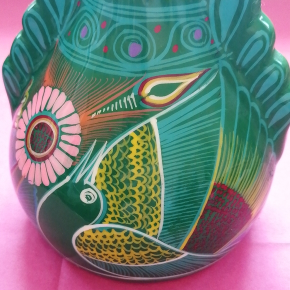 Vintage 2007 pottery vase decor, Mexican folk art, turquoise, pink, yellow - Picture 5 of 7